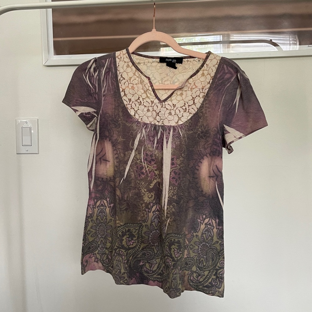 Nicole Miller Purple Lace-Yoke Printed Tee